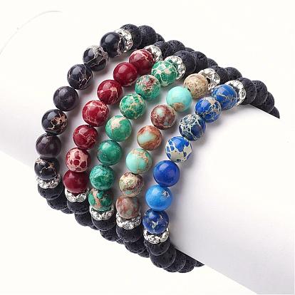 Natural Imperial Jasper(Dyed) & Lava Rock Stretch Bracelets, with Brass Rhinestone Spacer Beads, Round