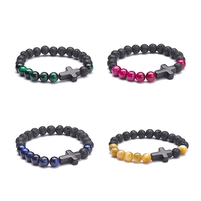 Cross Beads Stretch Bracelets Set for Women, Natural Tiger Eye & Lava Rock & Synthetic Turquoise(Dyed) Beads Oil Diffuser Bracelets