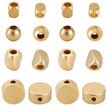 56Pcs 4 Style Matte Style Brass Beads, Long-Lasting Plated, Flat Round & Cuboid & Round & Twist Oval