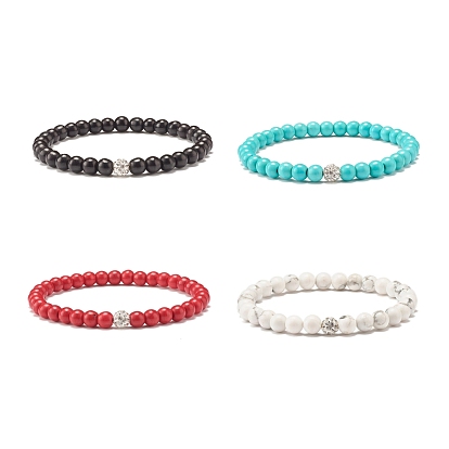 Synthetic Turquoise(Dyed) Round Beads Stretch Bracelet, Stone Jewelry with Crystal Rhinestone Beads for Women