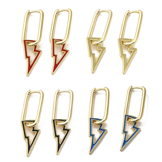 Lightning Bolt Real 18K Gold Plated Brass Dangle Hoop Earrings, with Enamel