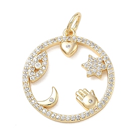 Brass Micro Pave Clear Cubic Zirconia Pendants, Flat Round with Evil Eye Charms