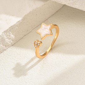 Simple Heart & Star Alloy Cubic Zirconia Open Cuff Ring for Women