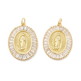 Placage de crémaillère en laiton micro pavé pendentifs en zircone cubique claire, sans cadmium et sans nickel et sans plomb, plaqué longue durée, ovale avec sainte vierge