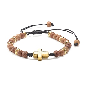 Adjustable Braided Bead Bracelets, with Natural Wood Beads, Electroplate Non-magnetic Synthetic Hematite Beads and Tibetan Style Cross Alloy Beads