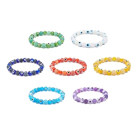 7Pcs 7 Colors Natural Weathered Agate(Dyed) & Lampwork Evil Eye Round Beaded Stretch Bracelets Set, Gemstone Stackable Bracelets for Women