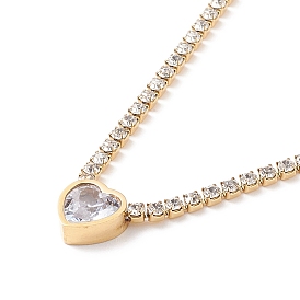 Crystal Rhinestone Heart Pendant Necklace with Tennis Chains, Ion Plating(IP) 304 Stainless Steel Jewelry for Women