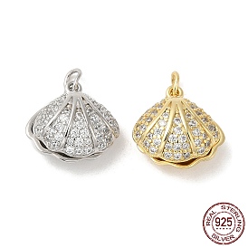 Plaqué rhodium 925 breloques en argent sterling, avec zircone cubique, anneau ouvert et tampon ss, charme de coquillage, pour la moitié de perles percées