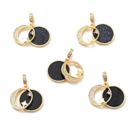 Synthetic Blue Goldstone Clear Cubic Zirconia Pendants, with Rack Plating Brass Findings, Long-Lasting Plated, Lead Free & Cadmium Free & Nickel Free, Flat Round with Moon