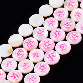 Natural Freshwater Shell Enamel Beads, Flat Round with Flower