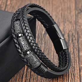 Column Natural Lava Rock Braided Imitation Leather 3-Strand Bracelets with 316L Stainless Steel Magnetic Clasps for Men