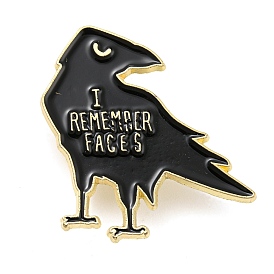 Crow with Word I Remember Faces Enamel Pins, Golden Zinc Alloy Painted Brooches for Backpack Clothes