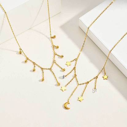 304 Stainless Steel Round Star Moon Tassel Bib Necklaces for Women, Golden