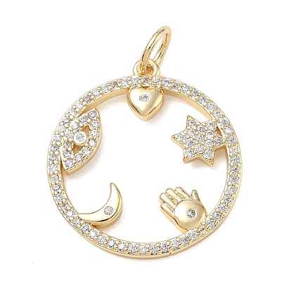Brass Micro Pave Clear Cubic Zirconia Pendants, Flat Round with Evil Eye Charms
