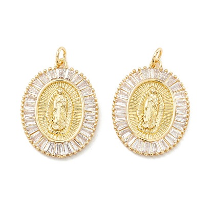 Placage de crémaillère en laiton micro pavé pendentifs en zircone cubique claire, sans cadmium et sans nickel et sans plomb, plaqué longue durée, ovale avec sainte vierge
