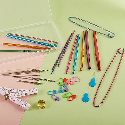 Sewing Tool Sets, with Zinc Alloy Thimble Rings, Aluminum Stitch Holder & Crochet Hooks Needles, Plastic Markers Holder & Needle Threaders, Stainless Steel Needles, PU Iron Soft Tape Measure