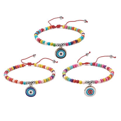 Enamel Evil Eye Charm Bracelet, Synthetic Turquoise(Dyed) & Hematite Braided Adjustable Bracelet for Women