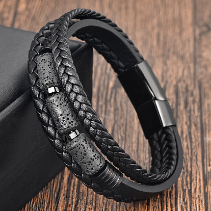 Column Natural Lava Rock Braided Imitation Leather 3-Strand Bracelets with 316L Stainless Steel Magnetic Clasps for Men