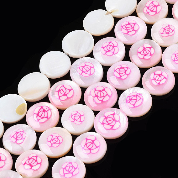 Natural Freshwater Shell Enamel Beads, Flat Round with Flower
