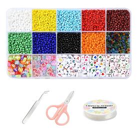 DIY Jewelry Making Kits, Including Transparent & Opaque Colours Glass Seed Beads, Acrylic Beads, Elastic Crystal Thread, Tweezers, Scissors