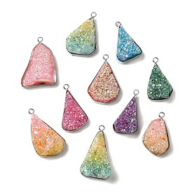 Eletroplated Natural Druzy Agate Pendants, Brass Triangle Charms, Platinum