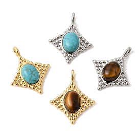 Подвески из натурального тигрового глаза и синтетической бирюзы, Подвески в форме ромба с латунными оправами