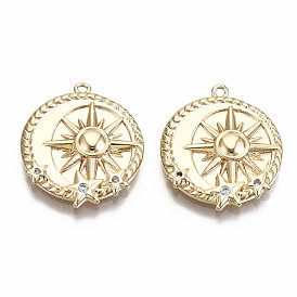 Brass Micro Pave Clear Cubic Zirconia Pendants, Nickel Free, Flat Round with Sun & Star