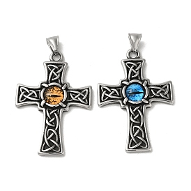 304 Stainless Steel Big Pendants, with Resin Eye. Cross Charm, Antique Silver