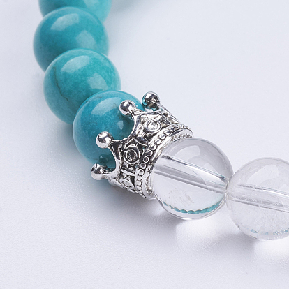 Bracelets extensibles en cristal naturel de pierres précieuses et de quartz, avec des perles de couronne en alliage, argent antique, ronde