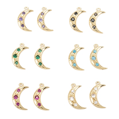 Brass Pendants, Micro Pave Clear Cubic Zirconia Pendants, Real 18K Gold Plated, Long-Lasting, Lead Free & Cadmium Free, Moon