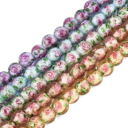 Светящиеся нити из бусин ручной работы, изготовленных методом выдувания стекла и с использованием блестящей пудры., круглые, с внутренним цветок, светится в темноте