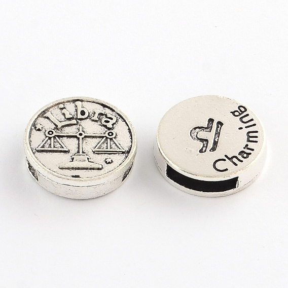 Antique Silver Plated Tibetan Style Flat Round Alloy Slide Charms, with Constellation/Zodiac Sign, Cadmium Free & Lead Free, 17~18x5mm, Hole: 11x3mm, about 282pcs/1000g