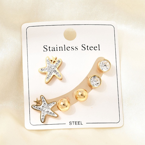 304 Stainless Steel Stud Earrings, Handmade Polymer Clay Rhinestones Stud Earrings, Star, Ion Plating(IP)