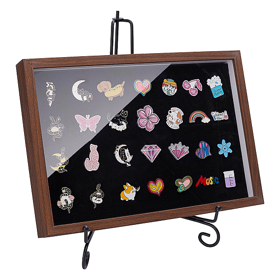 1Прямоугольные презентационные коробки из ПК МДФ с видимым акриловым окном, для хранения и демонстрации значков, с 1черными складными железными мольбертами из поликарбоната