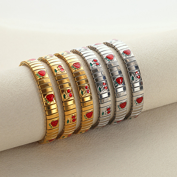 304 эластичные браслеты из нержавеющей стали с эмалью для женщин, вишня и клубника