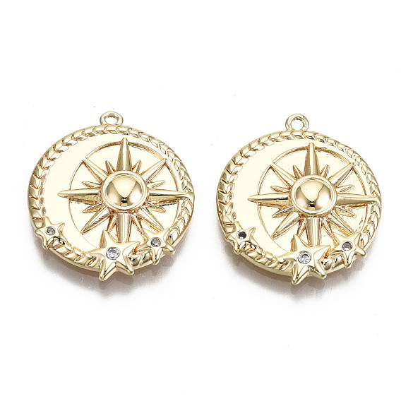 Brass Micro Pave Clear Cubic Zirconia Pendants, Nickel Free, Flat Round with Sun & Star
