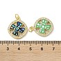 Brass Micro Pave Clear Cubic Zirconia Pendants, with Enamel, Shell and Jump Ring, Real 18K Gold Plated, Flat Round with Cross