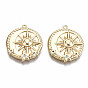 Brass Micro Pave Clear Cubic Zirconia Pendants, Nickel Free, Flat Round with Sun & Star