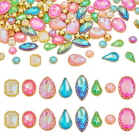 100Pcs Glass Sew on Rhinestones, with Alloy Findings, Mixed Shapes, Faceted, Golden