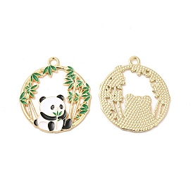 Alloy Enamel Pendants, Cadmium Free & Nickel Free & Lead Free, Golden, Flat Round with Bamboo and Panda Charm