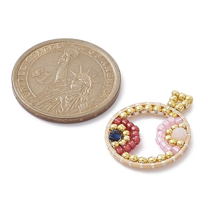 Golden Brass Pendant, with Japanese Seed Beads, Flat Round with Evil Eye Charms