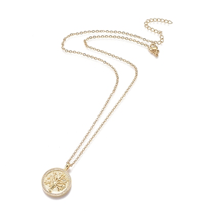 Brass Micro Pave Clear Cubic Zirconia Pendant Necklaces, with 304 Stainless Steel Cable Chains, Flat Round with Tree