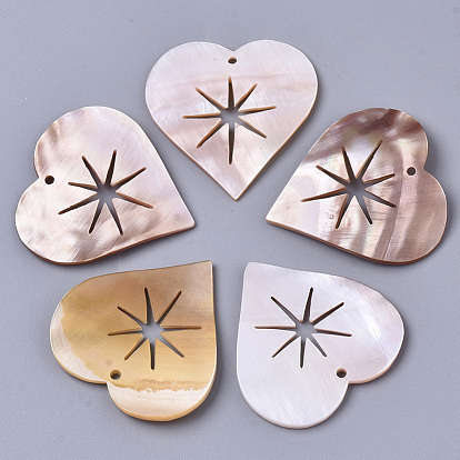 Natural Freshwater Shell Pendants, Heart with Star