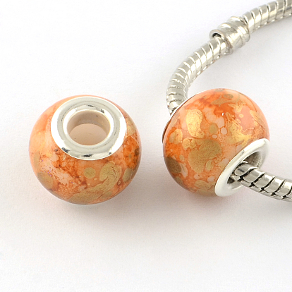 Rondelle Spray Painted Glass European Large Hole Beads, with Silver Color Plated Brass Cores, 14~15x11~12mm, Hole: 5mm