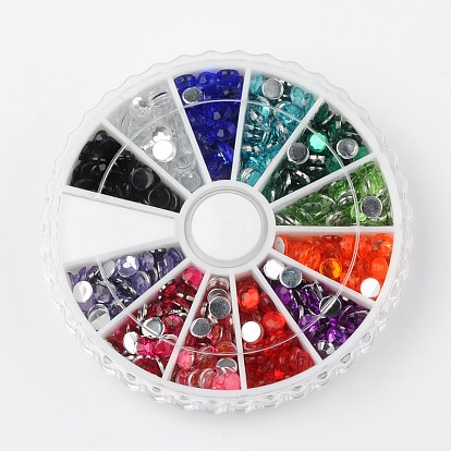 12 Color Imitation Taiwan Acrylic Rhinestone Cabochons, Faceted, Half Round, 4x1.5mm, about 65pcs/compartment, 780pcs/box