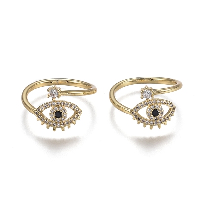 Adjustable Brass Micro Pave Clear Cubic Zirconia Cuff Rings, Open Rings, Cadmium Free & Lead Free, Long-Lasting Plated, Eye