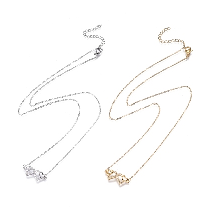 Brass Micro Pave Clear Cubic Zirconia Pendant Necklaces, with 304 Stainless Steel Cable Chains, Heart