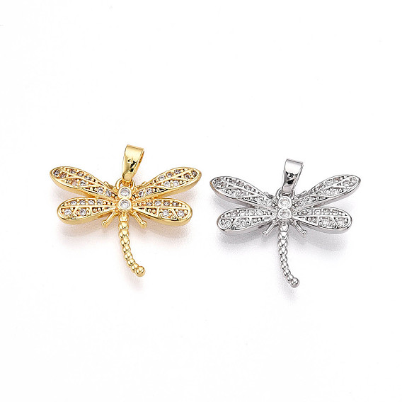 Brass Micro Pave Cubic Zirconia Pendants, Cadmium Free & Lead Free, Dragonfly Charms