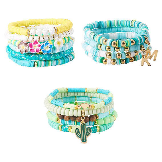 15шт. полимерная глина бусины хейши браслеты наборы, штабелируемые браслеты, с круглыми бусинами из латуни, натурального сандалового дерева и лавового камня, а также 304 подвесками из нержавеющей стали, золотые