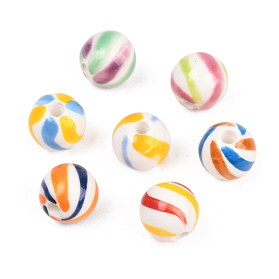 Handmade Porcelain Beads, Hand Painted, Bright Glazed Porcelain, Round with Stripe
